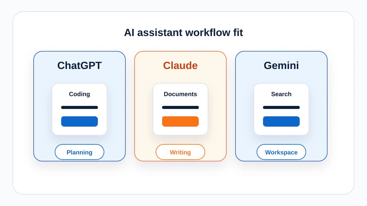 Three AI assistant cards comparing ChatGPT, Claude, and Gemini by workflow fit.